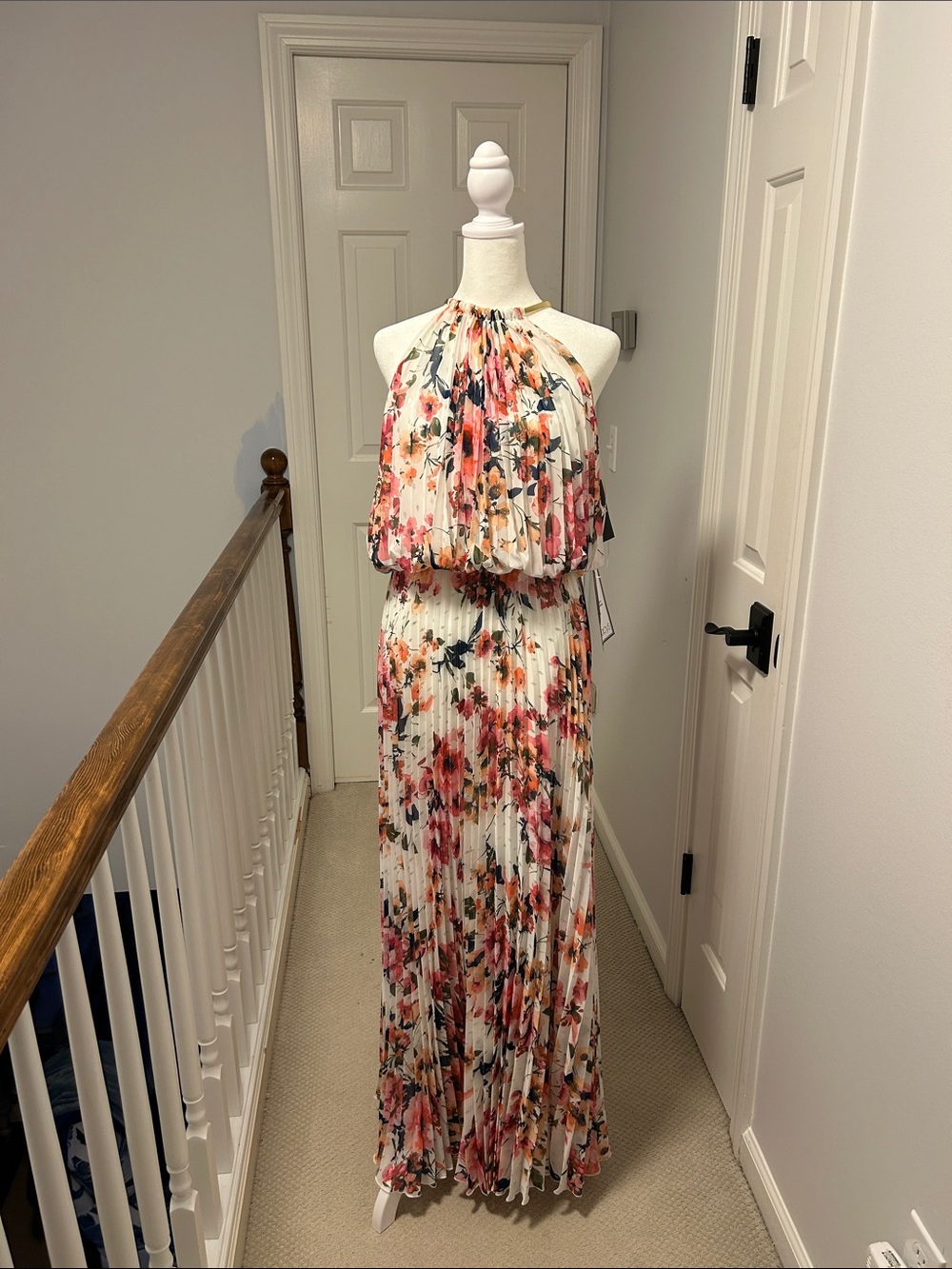 MSK Floral Halter Maxi Dress in Cream, Pink and Coral